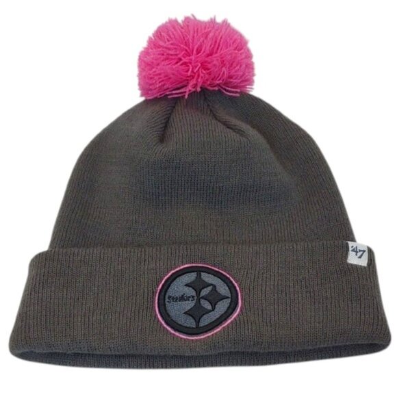 Steelers '47 Brand Women's NFL Licensed Olive Brown Pink Pom Cuff Knit Hat - Picture 1 of 10
